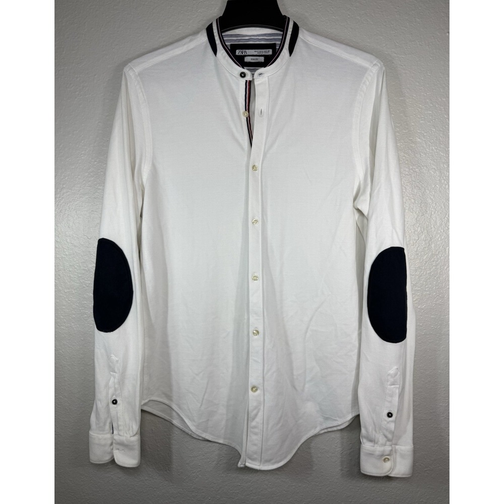 Zara men's M slim-fit white long-sleeve shirt elbow patches mandarin collar
